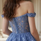 Blue A Line Off Shoulder Long Corset Prom Dress with Ruffles