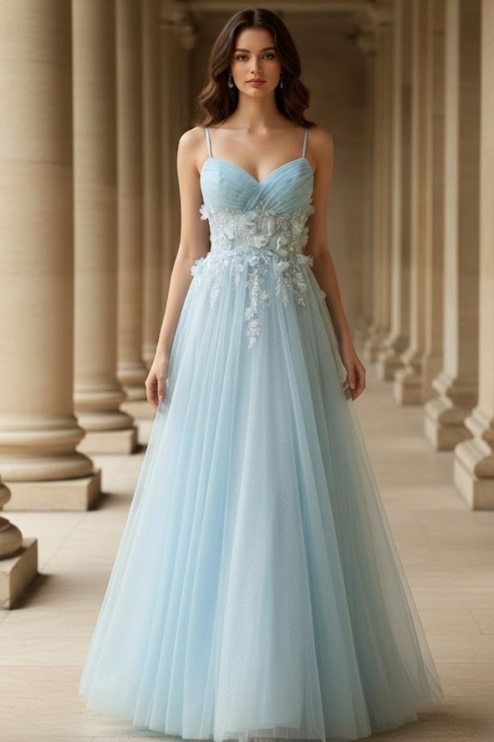 Light Blue A Line Spaghetti Straps Long Prom Dress with 3D Flower
