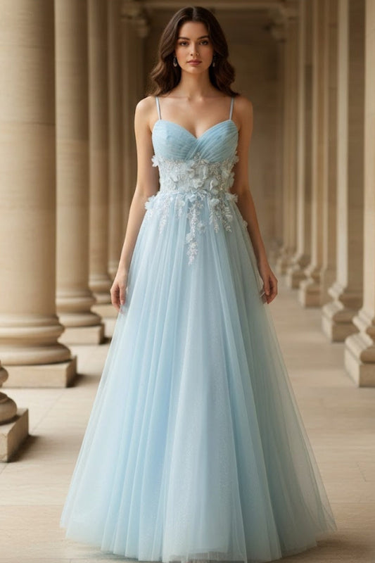 Light Blue A Line Spaghetti Straps Long Prom Dress with 3D Flower