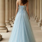 Light Blue A Line Spaghetti Straps Long Prom Dress with 3D Flower