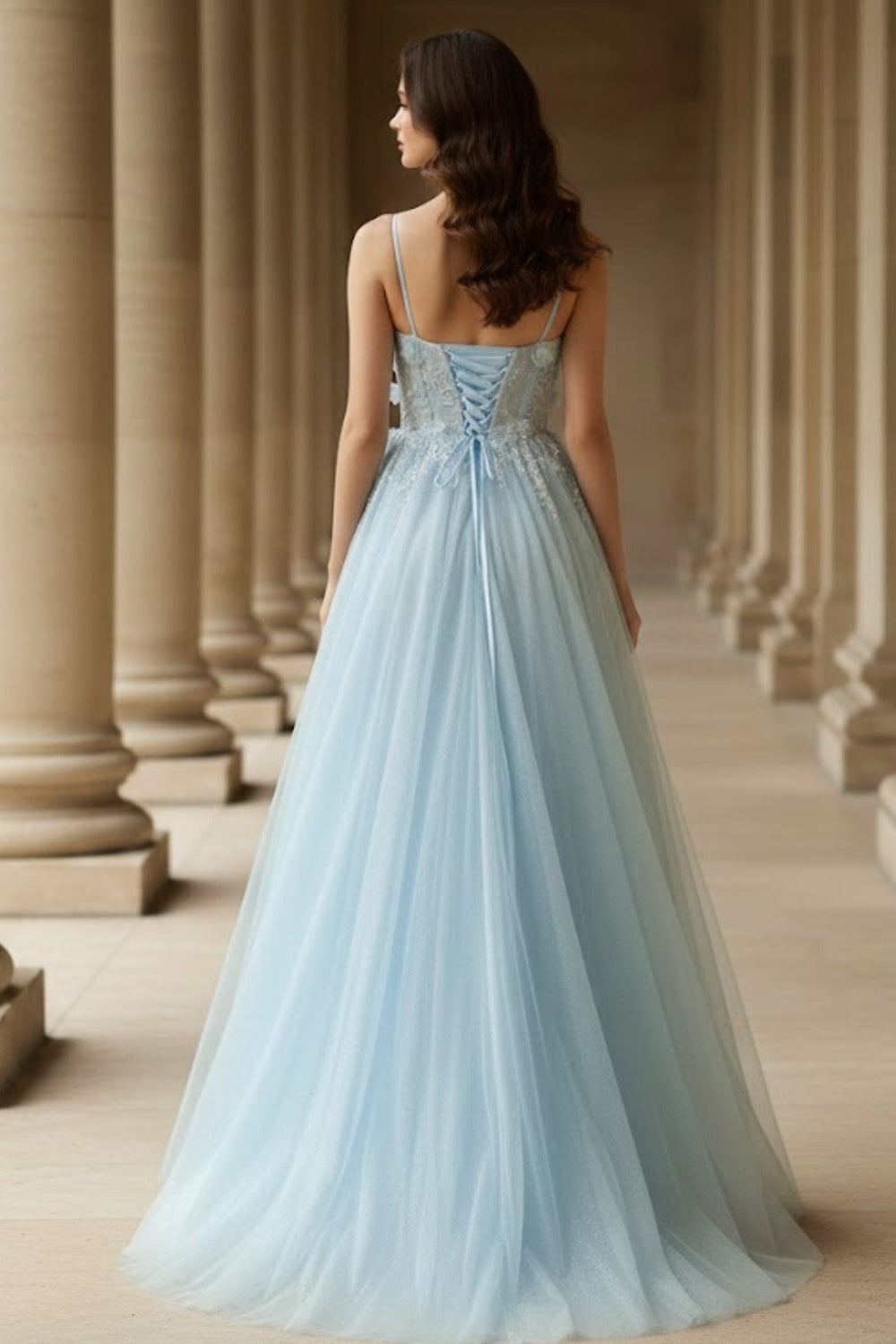 Light Blue A Line Spaghetti Straps Long Prom Dress with 3D Flower