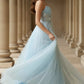 Light Blue A Line Spaghetti Straps Long Prom Dress with 3D Flower