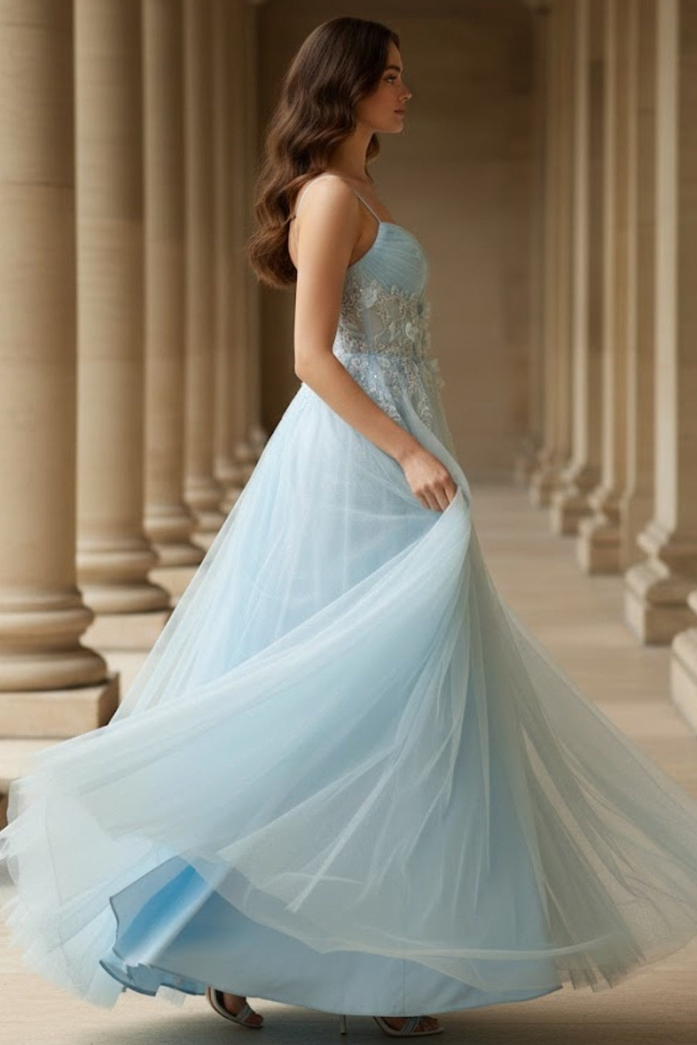 Light Blue A Line Spaghetti Straps Long Prom Dress with 3D Flower