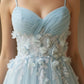 Light Blue A Line Spaghetti Straps Long Prom Dress with 3D Flower
