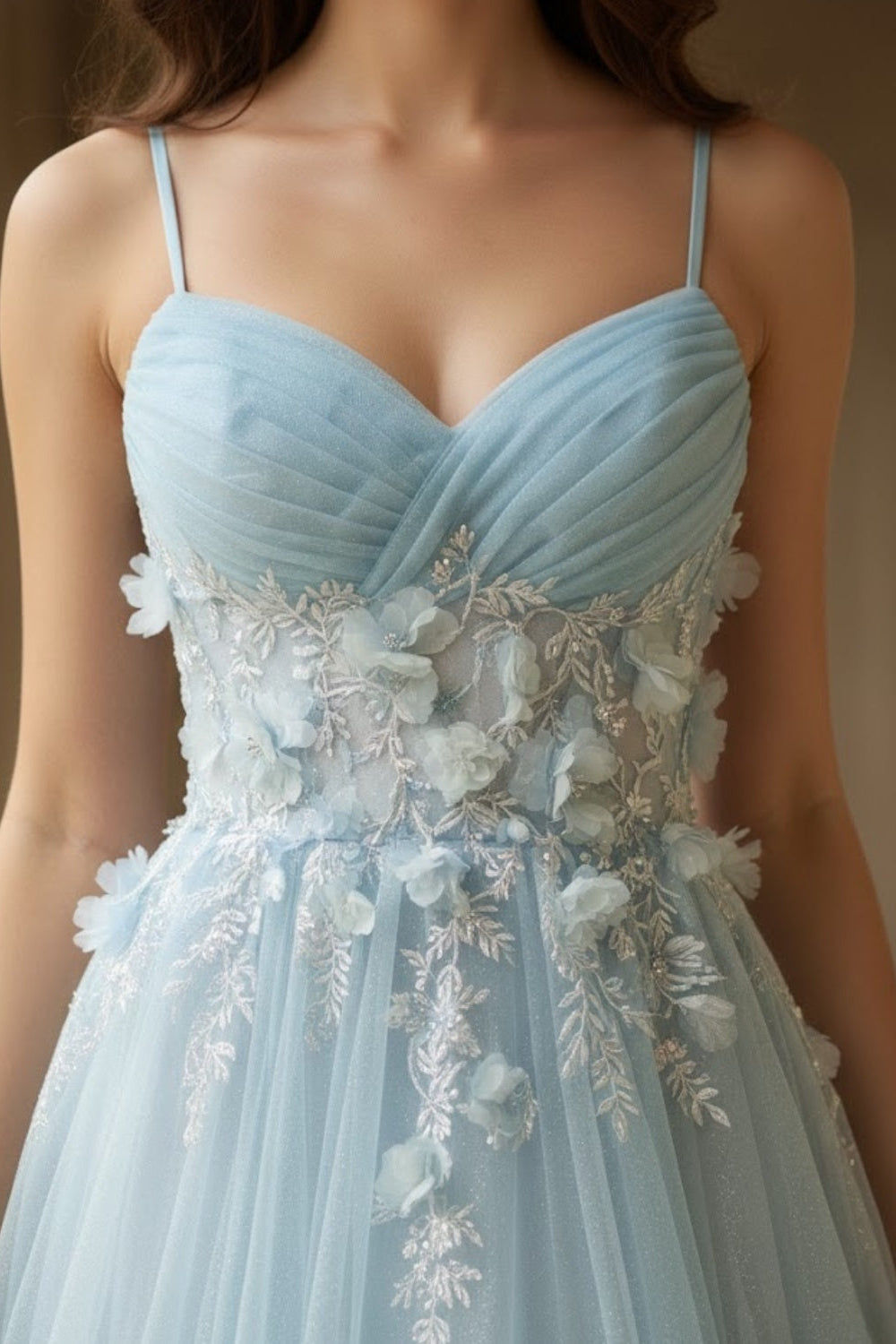 Light Blue A Line Spaghetti Straps Long Prom Dress with 3D Flower