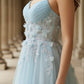 Light Blue A Line Spaghetti Straps Long Prom Dress with 3D Flower