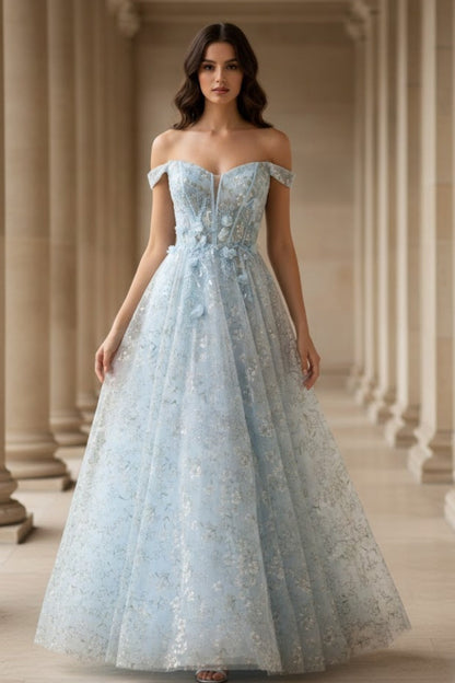 Floral Light Blue A Line Off Shoulder Long Corset Prom Dress