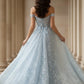 Floral Light Blue A Line Off Shoulder Long Corset Prom Dress