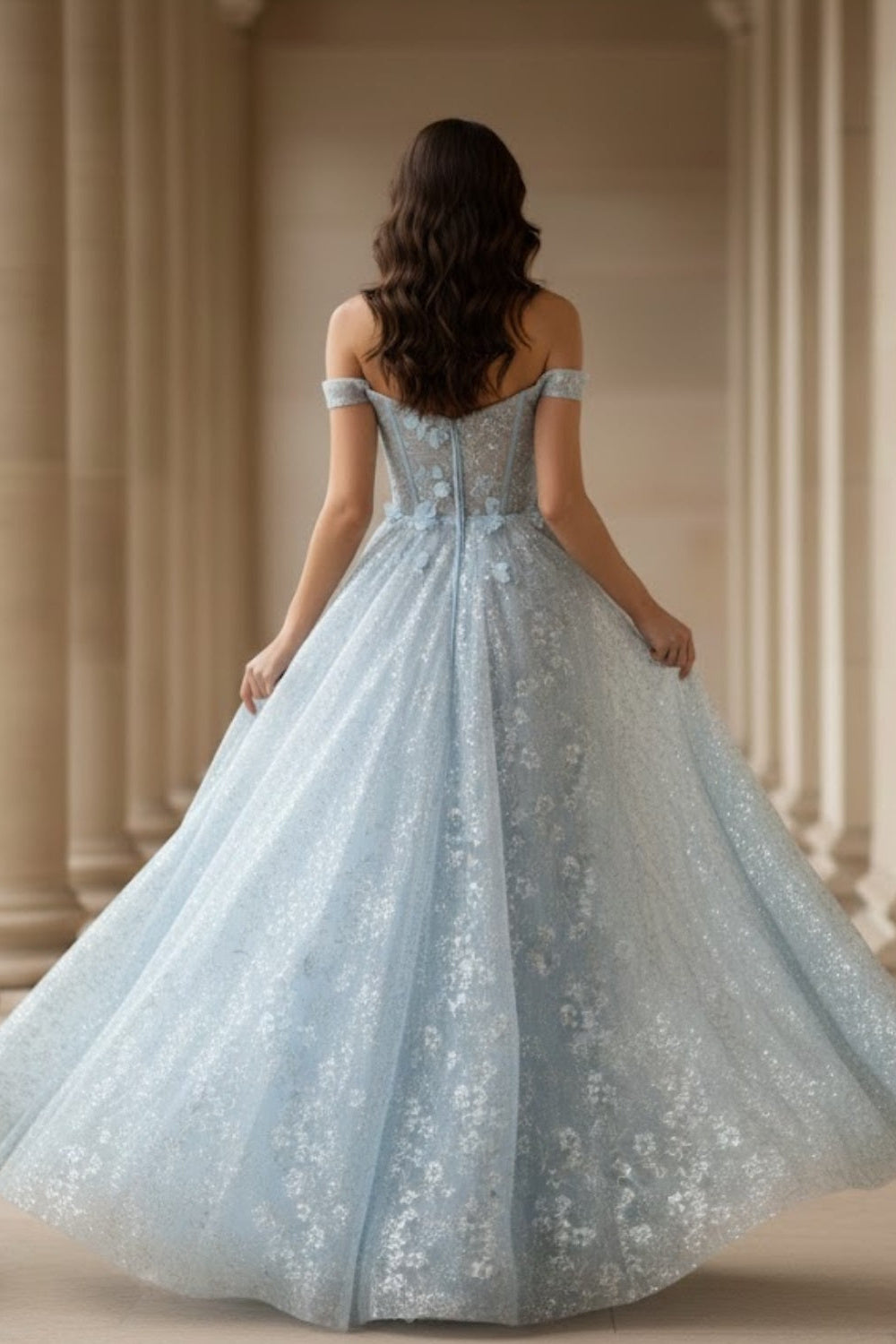 Floral Light Blue A Line Off Shoulder Long Corset Prom Dress