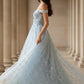 Floral Light Blue A Line Off Shoulder Long Corset Prom Dress