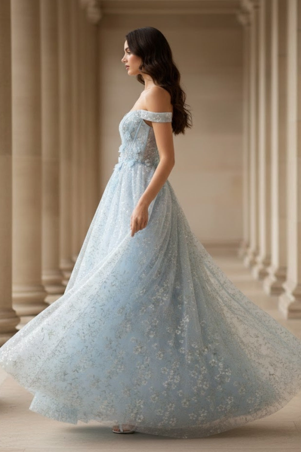 Floral Light Blue A Line Off Shoulder Long Corset Prom Dress