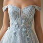 Floral Light Blue A Line Off Shoulder Long Corset Prom Dress