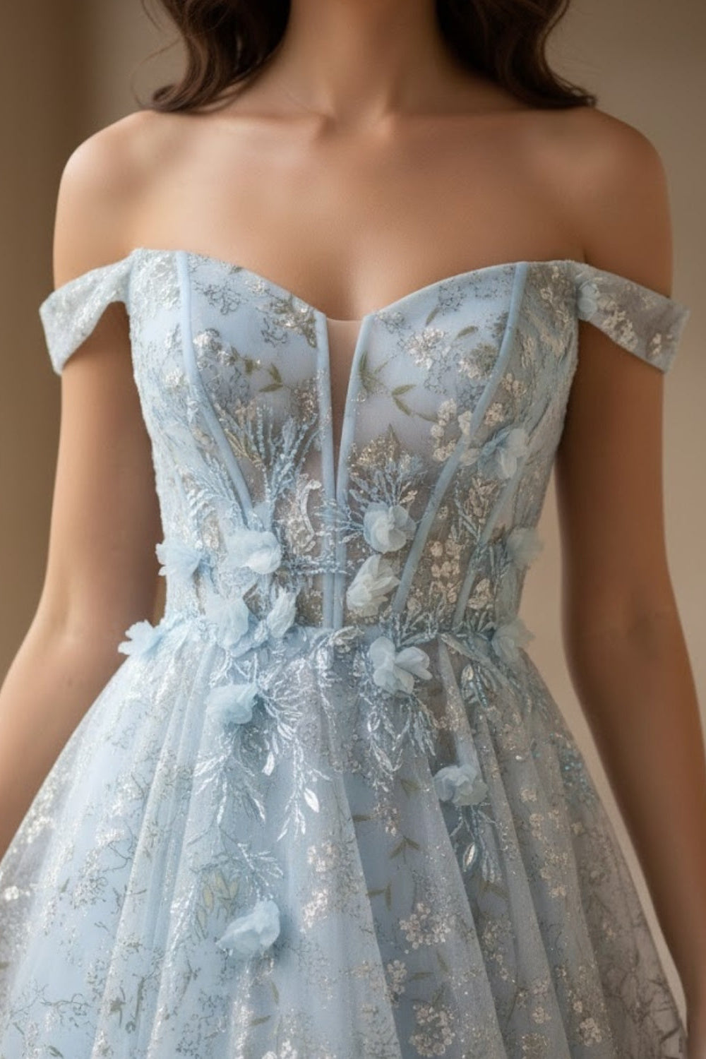 Floral Light Blue A Line Off Shoulder Long Corset Prom Dress