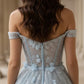 Floral Light Blue A Line Off Shoulder Long Corset Prom Dress