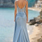 Blue Sheath Spaghetti Straps Long Corset Prom Dress with Slit