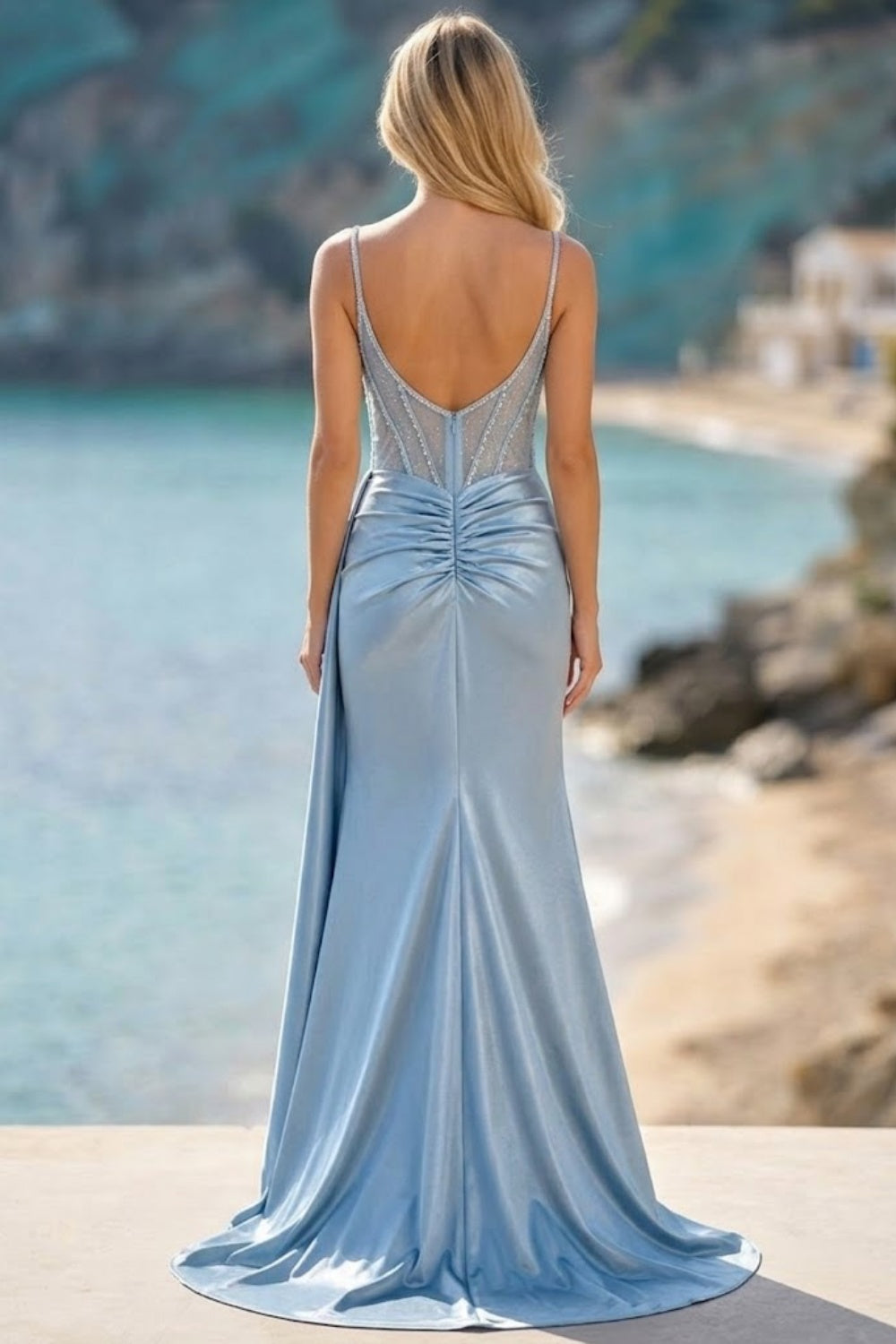Blue Sheath Spaghetti Straps Long Corset Prom Dress with Slit