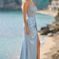Blue Sheath Spaghetti Straps Long Corset Prom Dress with Slit