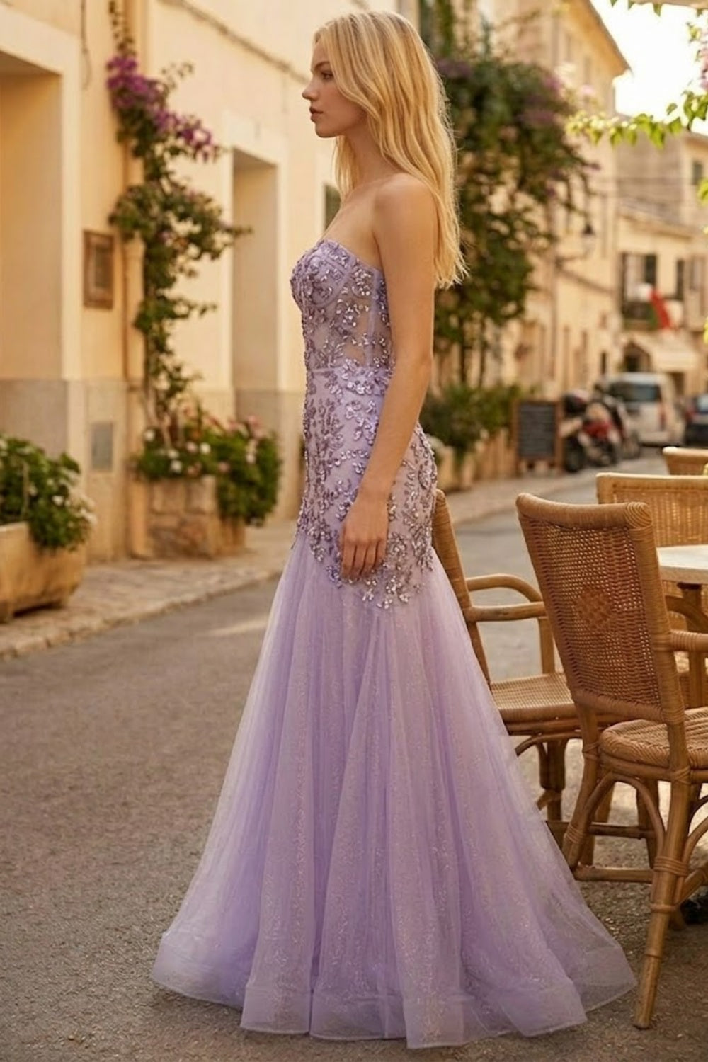 Light Purple Mermaid Sweetheart Maxi Prom Dress with Appliques