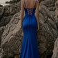 Royal Blue Sheath Spaghetti Straps Long Prom Dress with Slit