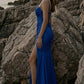 Royal Blue Sheath Spaghetti Straps Long Prom Dress with Slit
