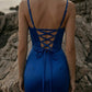 Royal Blue Sheath Spaghetti Straps Long Prom Dress with Slit