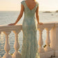 Sage Sheath V Neck Long Formal Dress with Appliques