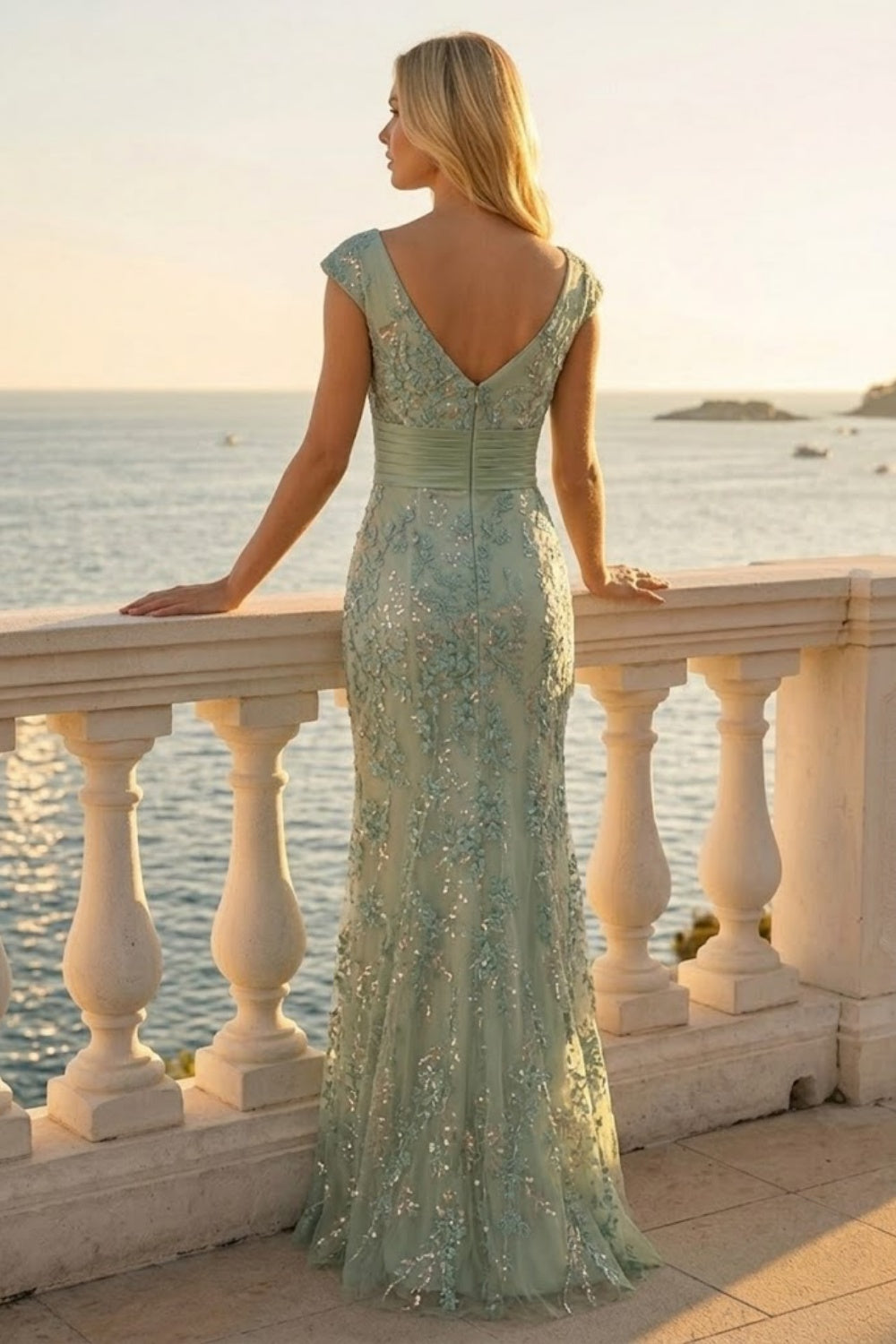Sage Sheath V Neck Long Formal Dress with Appliques