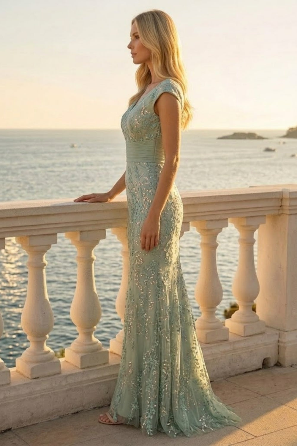 Sage Sheath V Neck Long Formal Dress with Appliques