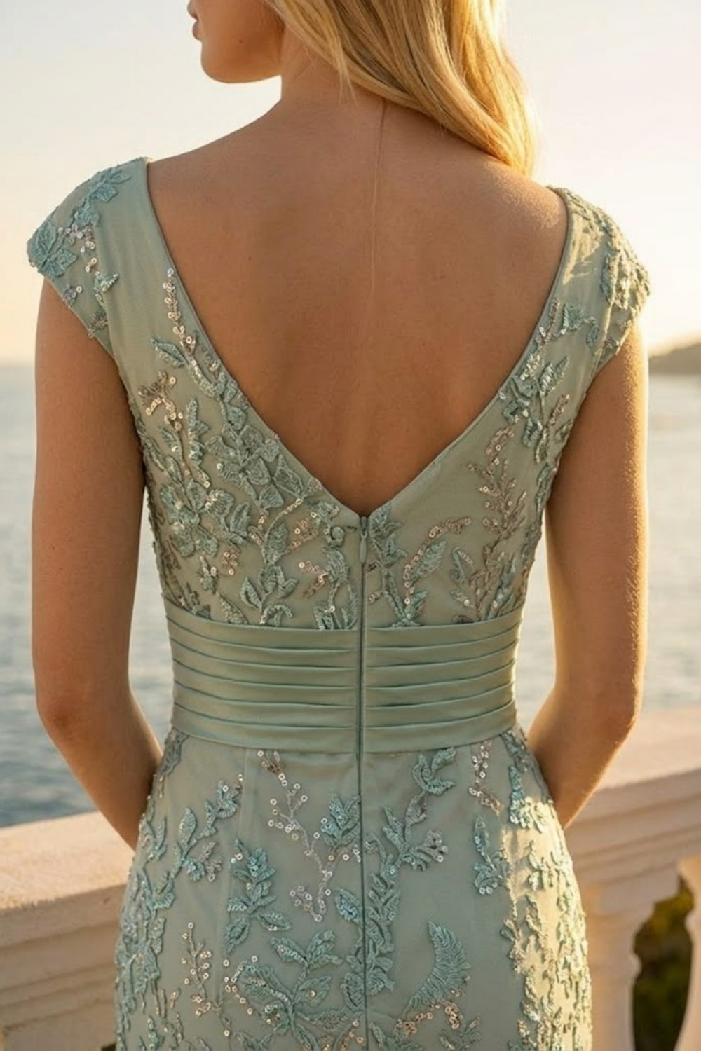 Sage Sheath V Neck Long Formal Dress with Appliques