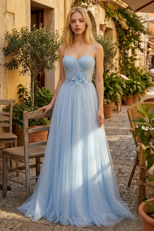 Light Blue A Line Spaghetti Straps Maxi Prom Dress with 3D Flower