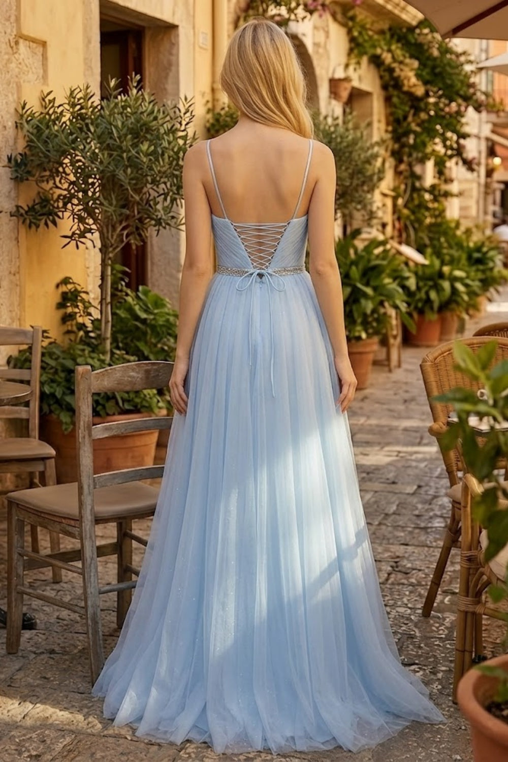 Light Blue A Line Spaghetti Straps Maxi Prom Dress with 3D Flower