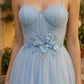 Light Blue A Line Spaghetti Straps Maxi Prom Dress with 3D Flower
