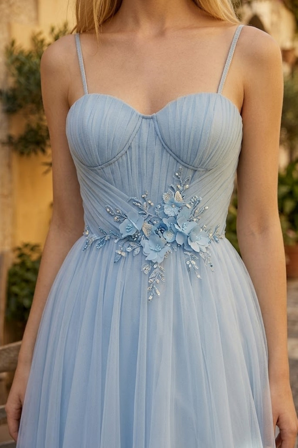 Light Blue A Line Spaghetti Straps Maxi Prom Dress with 3D Flower