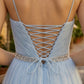 Light Blue A Line Spaghetti Straps Maxi Prom Dress with 3D Flower