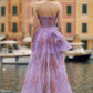Purple Floral A Line Sweetheart Maxi Prom Dress with Ruffles