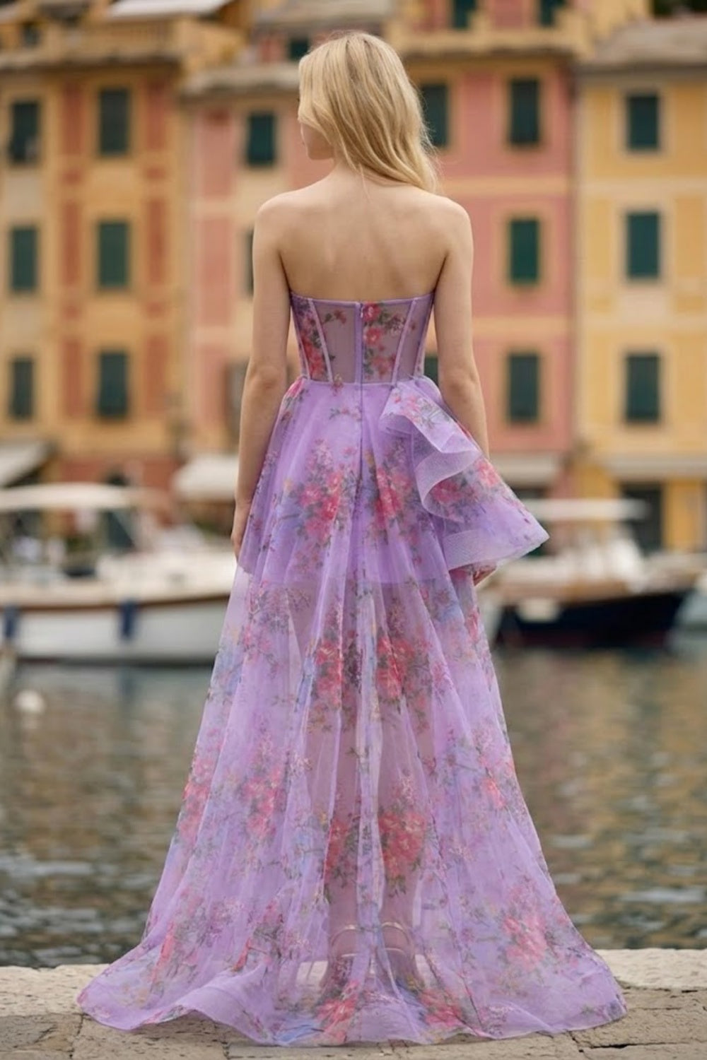 Purple Floral A Line Sweetheart Maxi Prom Dress with Ruffles