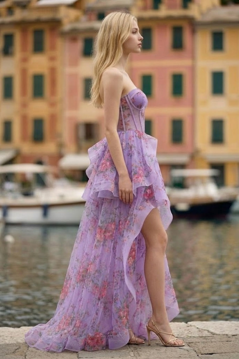 Purple Floral A Line Sweetheart Maxi Prom Dress with Ruffles