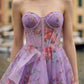 Purple Floral A Line Sweetheart Maxi Prom Dress with Ruffles