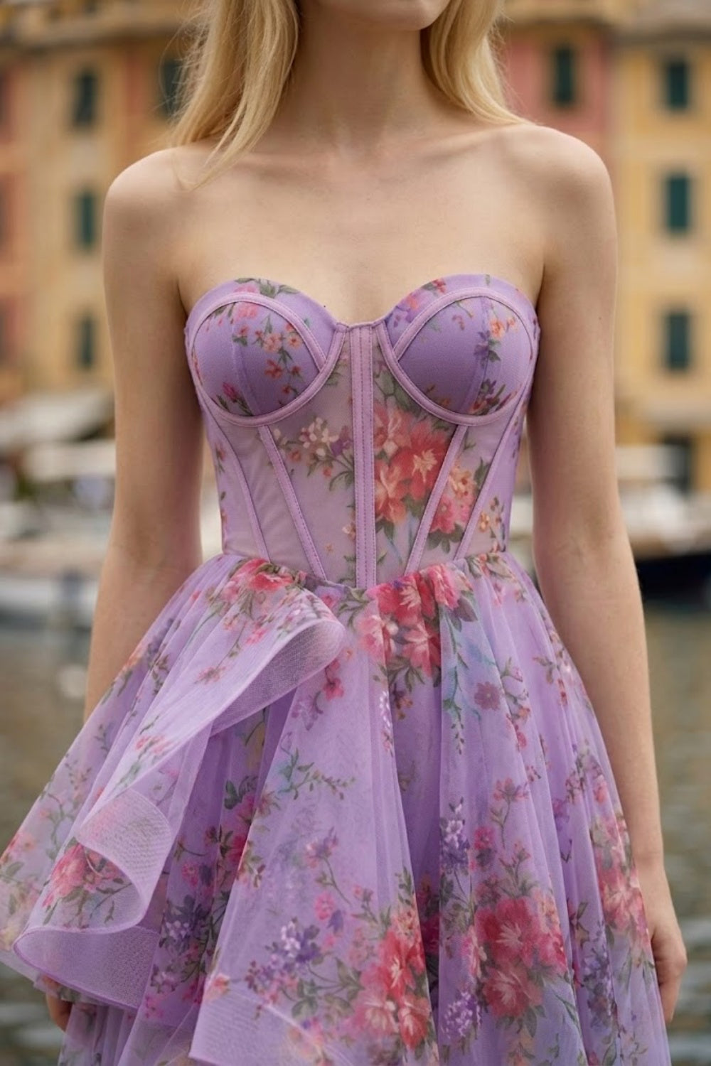 Purple Floral A Line Sweetheart Maxi Prom Dress with Ruffles