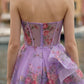 Purple Floral A Line Sweetheart Maxi Prom Dress with Ruffles