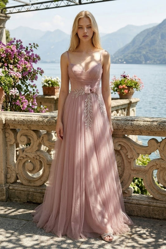 Dusty Rose A Line Spaghetti Straps Long Prom Dress with Bow