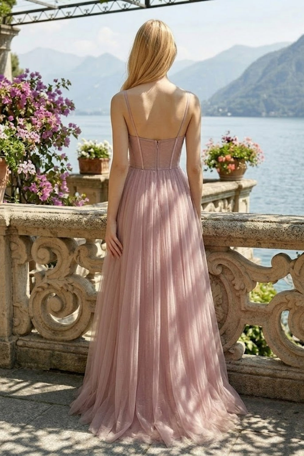 Dusty Rose A Line Spaghetti Straps Long Prom Dress with Bow