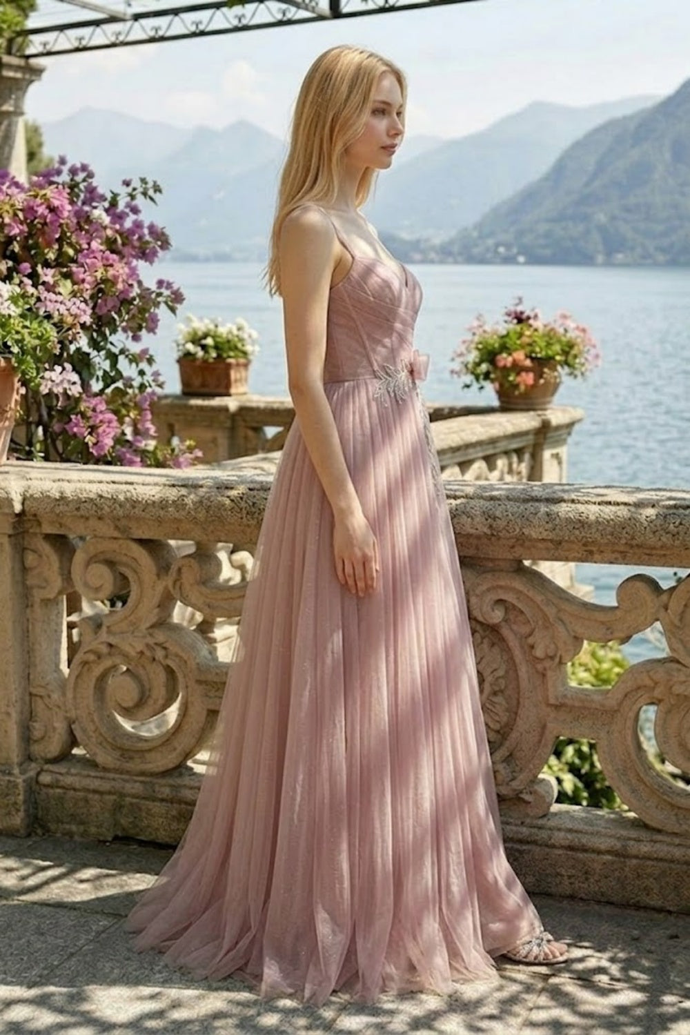 Dusty Rose A Line Spaghetti Straps Long Prom Dress with Bow