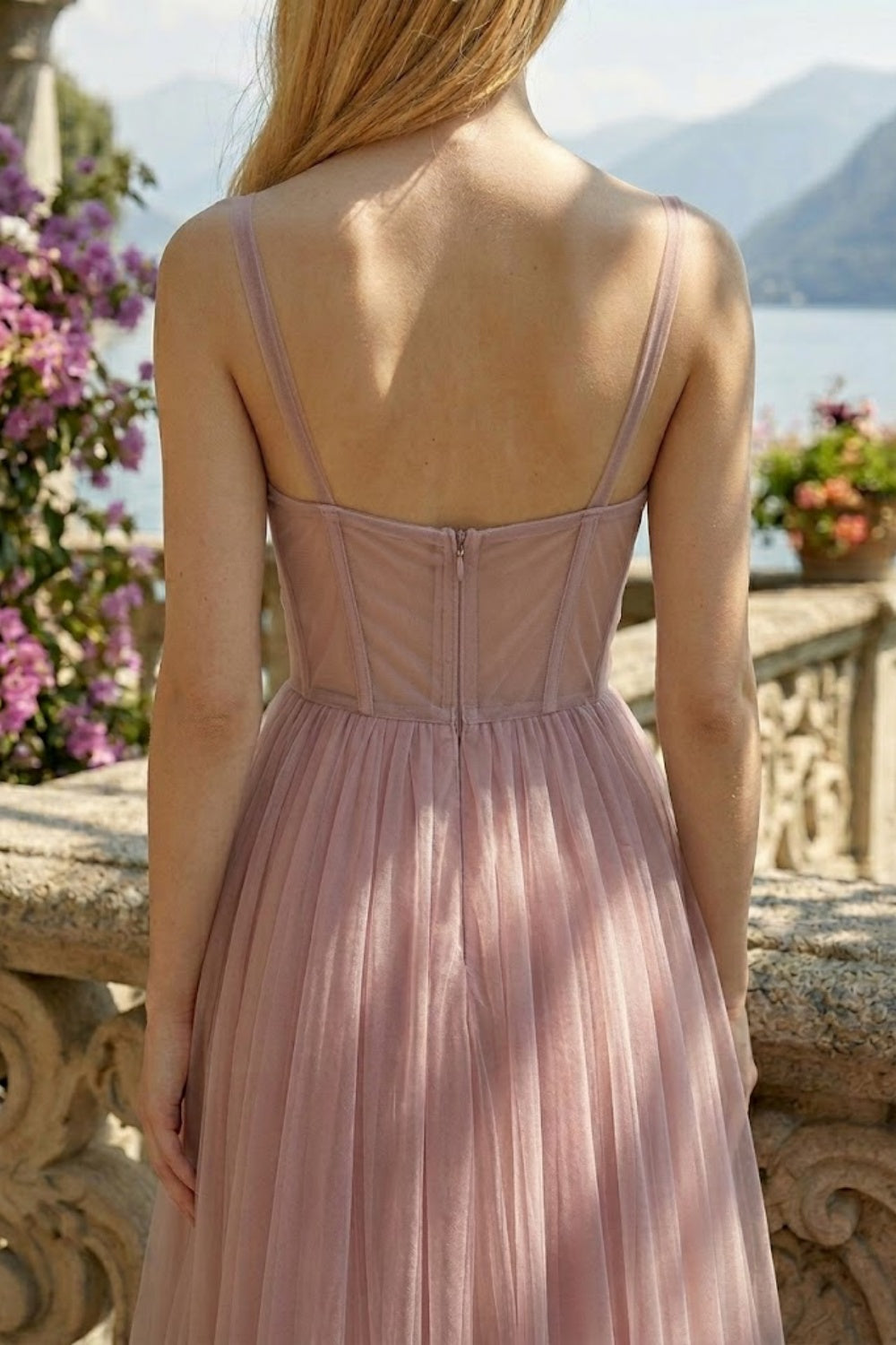Dusty Rose A Line Spaghetti Straps Long Prom Dress with Bow