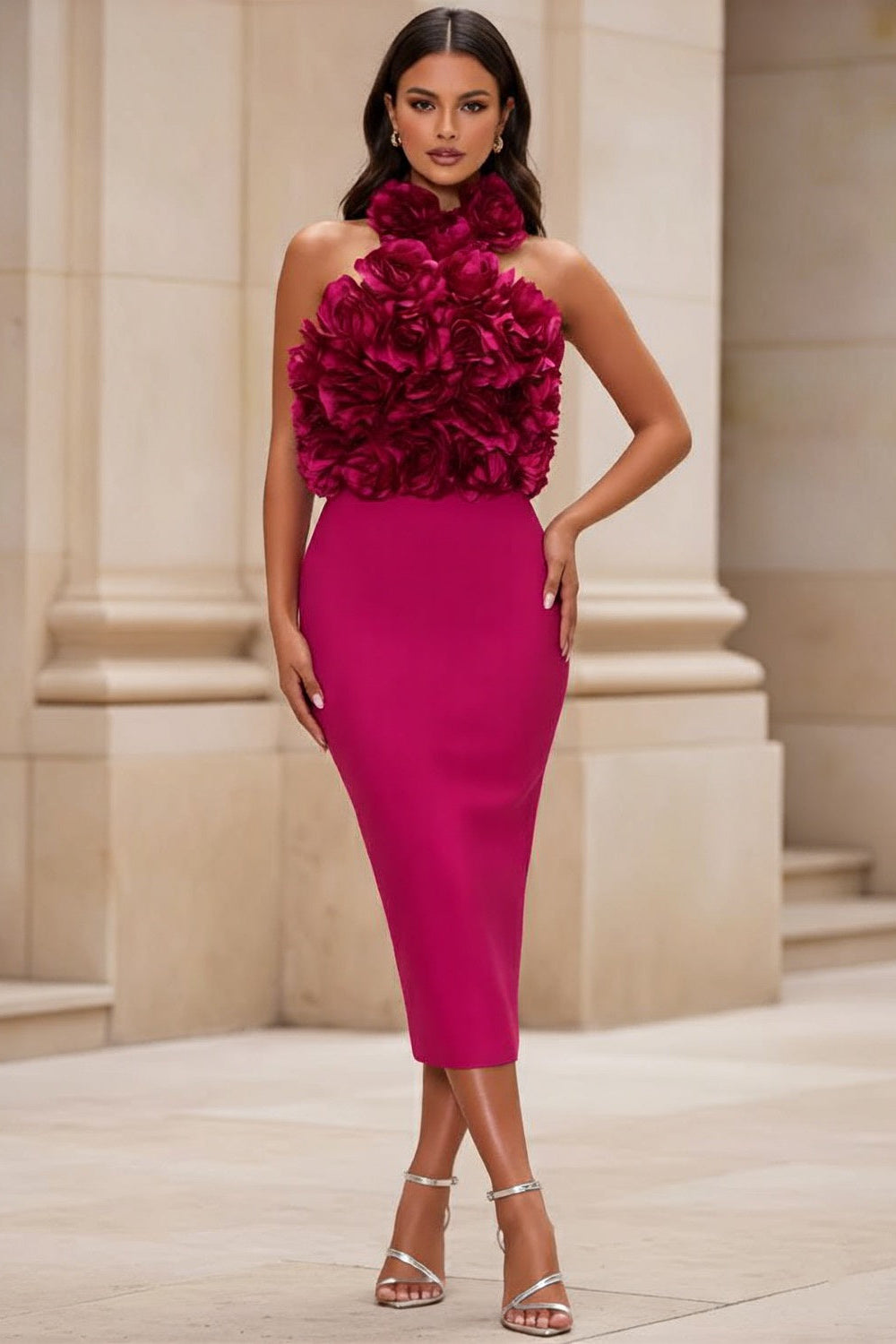Fuchsia Halter Neck Bodycon Maxi Prom Dress with 3D Flowers