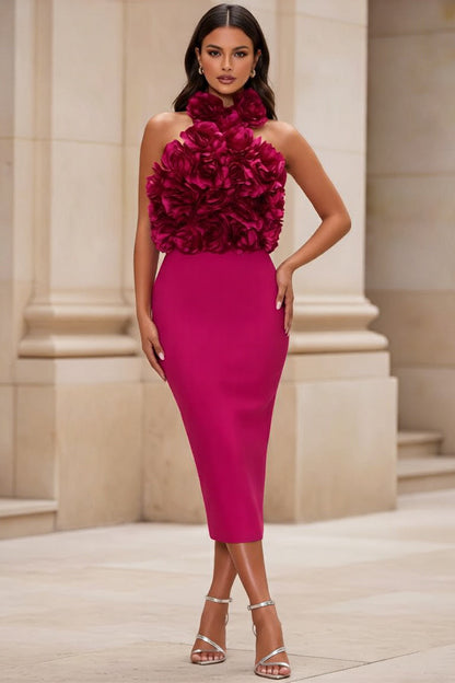 Fuchsia Halter Neck Bodycon Maxi Prom Dress with 3D Flowers