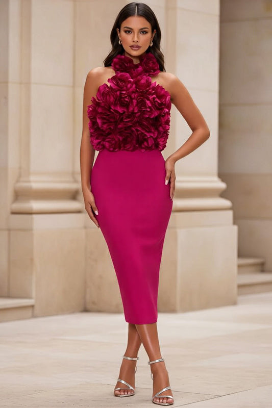 Fuchsia Halter Neck Bodycon Maxi Prom Dress with 3D Flowers