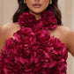 Fuchsia Halter Neck Bodycon Maxi Prom Dress with 3D Flowers