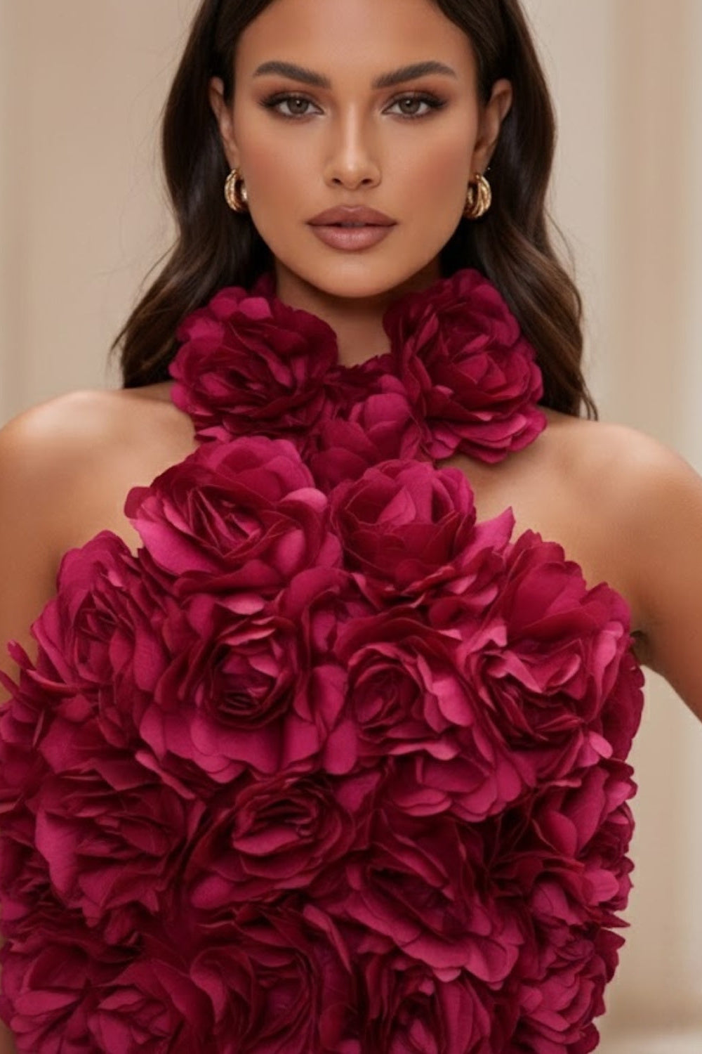 Fuchsia Halter Neck Bodycon Maxi Prom Dress with 3D Flowers
