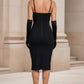 Black Bodycon Spaghetti Straps Midi Corset Prom Dress with Lace